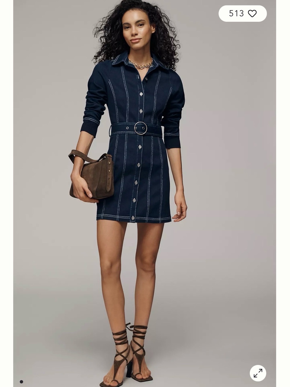 Anthropologie Pilcro Navy Belted Denim Mini Shirt Dress Contrast Stitching